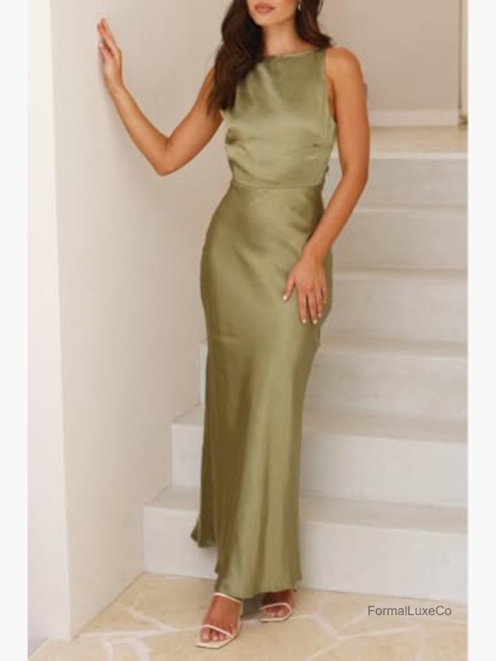Elegant Satin Formal Maxi Dress Sleeveless Open Back Spaghetti Strap Wedding - Picture 4 of 6
